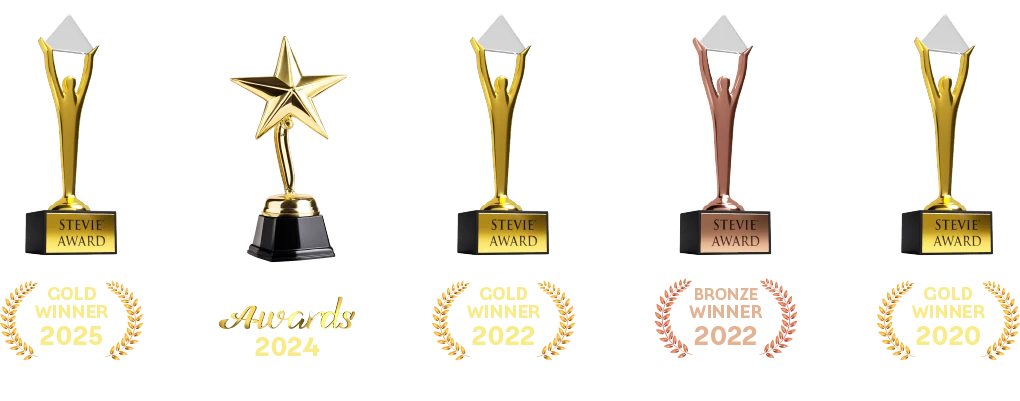 Five award trophies with text showing Stevie and European Contact Centre awards from 2020 to 2025 for sales and customer service excellence.