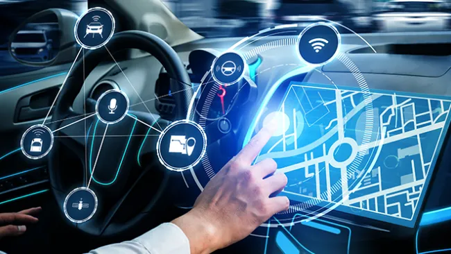 A steering wheel and car dashboard overlayed with a digital image of icons.