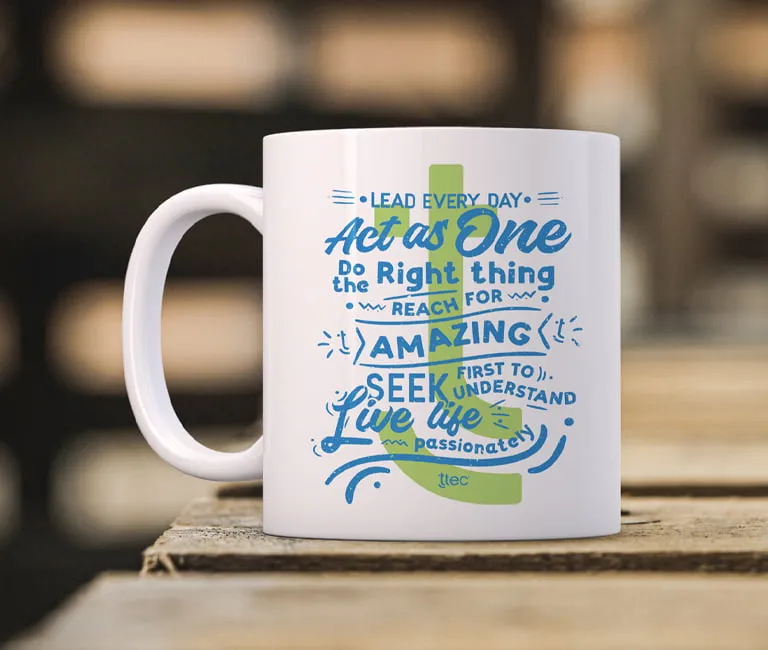 Cup with Mall Tech Global's values printed on it